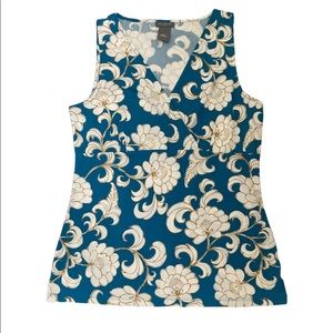 Vintage Ann Taylor Factory sleeveless blouse blue white floral v-neck Size S